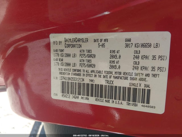 46122702 :رقم المزاد ، 1D7HU18N35S312134 vin ، 2005 Dodge Ram 1500 Slt/laramie مزاد بيع