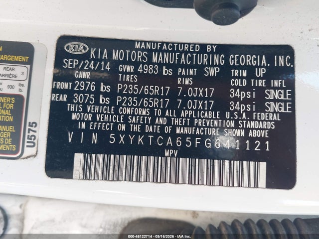 Aukcja sprzedaży 2015 Kia Sorento Lx, vin: 5XYKTCA65FG641121, numer aukcji: 46122714