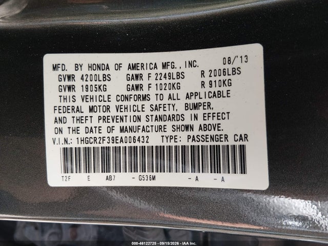 2014 Honda Accord Lx მანქანა იყიდება აუქციონზე, vin: 1HGCR2F39EA006432, აუქციონის ნომერი: 46122725