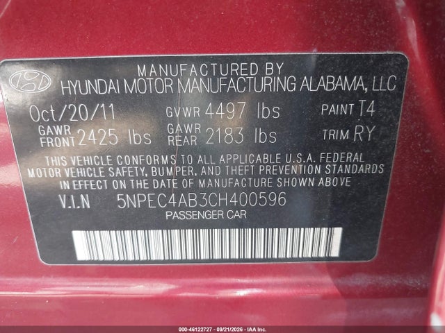 Продажа на аукционе авто 2012 Hyundai Sonata Se 2.0t, vin: 5NPEC4AB3CH400596, номер лота: 46122727