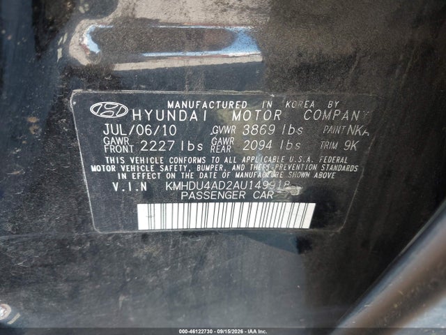 Продаж на аукціоні авто 2010 Hyundai Elantra Gls, vin: KMHDU4AD2AU149918, номер лоту: 46122730