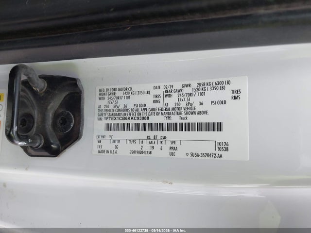 Aukcja sprzedaży 2019 Ford F-150 Xl, vin: 1FTEX1CB6KKC93088, numer aukcji: 46122735