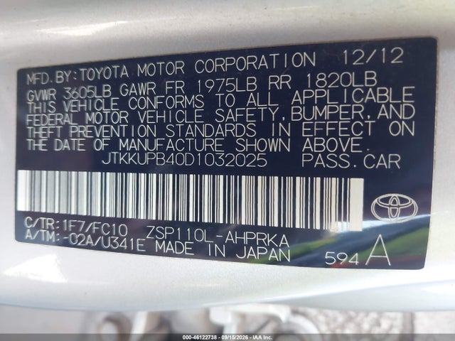 2013 Scion Xd მანქანა იყიდება აუქციონზე, vin: JTKKUPB40D1032025, აუქციონის ნომერი: 46122738