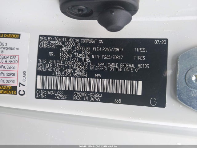 Продажа на аукционе авто 2020 Toyota 4runner Trd Off Road Premium, vin: JTEBU5JR3L5829994, номер лота: 46122743
