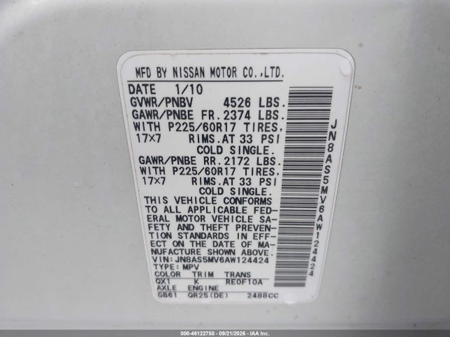 Продажа на аукционе авто 2010 Nissan Rogue Sl, vin: JN8AS5MV6AW124424, номер лота: 46122750
