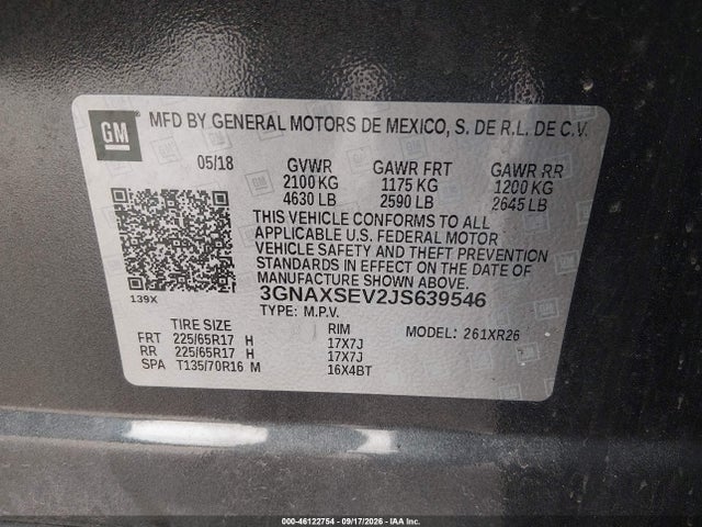 46122754 :رقم المزاد ، 3GNAXSEV2JS639546 vin ، 2018 Chevrolet Equinox Lt مزاد بيع