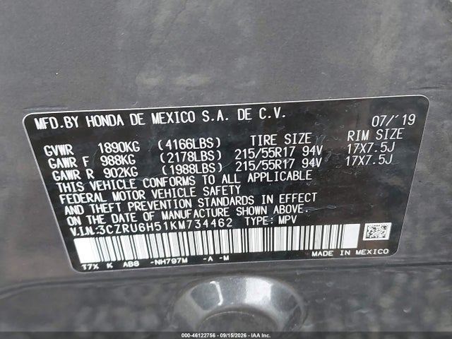 Aukcja sprzedaży 2019 Honda Hr-v Ex, vin: 3CZRU6H51KM734462, numer aukcji: 46122756