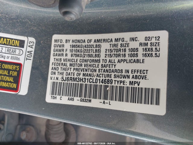 46122762 :رقم المزاد ، 5J6RM3H31CL014689 vin ، 2012 Honda Cr-v Lx مزاد بيع