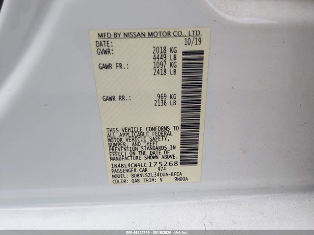 46122789 :رقم المزاد ، 1N4BL4CW4LC175268 vin ، 2020 Nissan Altima Sr Intelligent Awd مزاد بيع