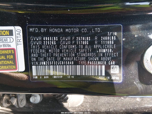 46122791 :رقم المزاد ، JHMZC5F32JC015840 vin ، 2018 Honda Clarity Plug-in Hybrid Touring مزاد بيع