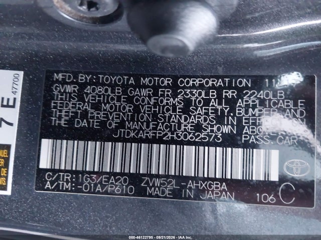 46122795 :رقم المزاد ، JTDKARFP2H3062573 vin ، 2017 Toyota Prius Prime Premium مزاد بيع
