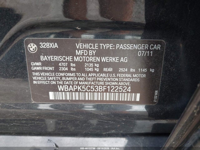 Продаж на аукціоні авто 2011 Bmw 328i Xdrive, vin: WBAPK5C53BF122524, номер лоту: 46122796