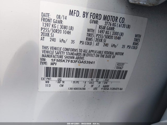 46122801 :رقم المزاد ، 1FM5K7F83FGA53941 vin ، 2015 Ford Explorer Limited مزاد بيع