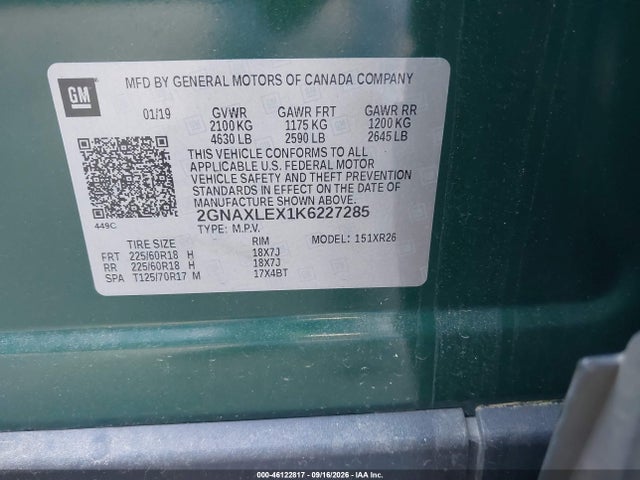 Aukcja sprzedaży 2019 Chevrolet Equinox Lt, vin: 2GNAXLEX1K6227285, numer aukcji: 46122817