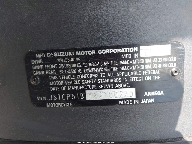 Продаж на аукціоні авто 2008 Suzuki An650 A, vin: JS1CP51B182100270, номер лоту: 46122824