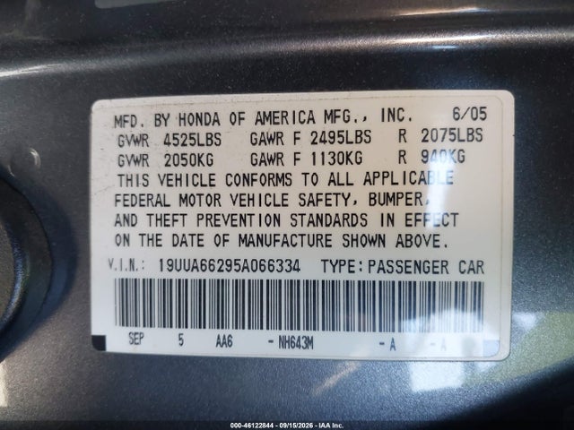 Aukcja sprzedaży 2005 Acura Tl, vin: 19UUA66295A066334, numer aukcji: 46122844