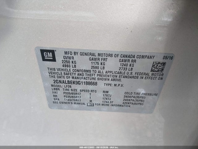 46122853 :رقم المزاد ، 2GNALBEK9G1188668 vin ، 2016 Chevrolet Equinox Ls مزاد بيع