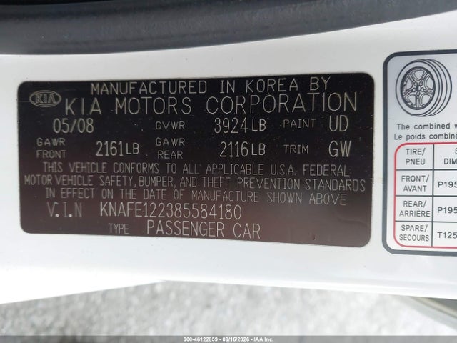 46122859 :رقم المزاد ، KNAFE122385584180 vin ، 2008 Kia Spectra Ex مزاد بيع