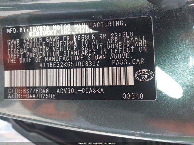2005 Toyota Camry Se მანქანა იყიდება აუქციონზე, vin: 4T1BE32K65U008352, აუქციონის ნომერი: 46122867