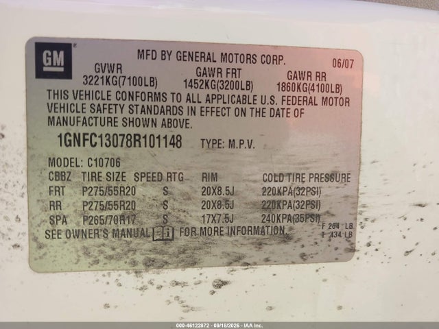 46122872 :رقم المزاد ، 1GNFC13078R101148 vin ، 2008 Chevrolet Tahoe Ltz مزاد بيع