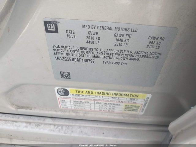 46122899 :رقم المزاد ، 1G1ZC5EB0AF146797 vin ، 2010 Chevrolet Malibu Lt مزاد بيع