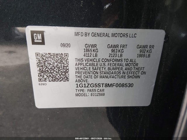 46122901 :رقم المزاد ، 1G1ZG5ST8MF008530 vin ، 2021 Chevrolet Malibu Fwd Rs مزاد بيع