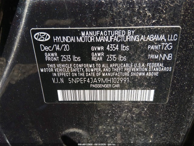 2021 Hyundai Sonata Sel მანქანა იყიდება აუქციონზე, vin: 5NPEF4JA9MH102991, აუქციონის ნომერი: 46122905