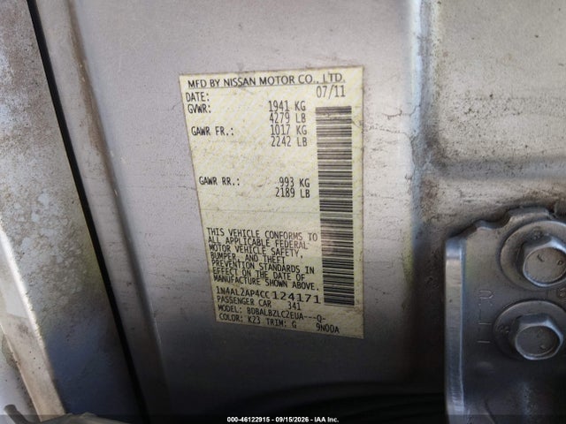 Продаж на аукціоні авто 2012 Nissan Altima 2.5 S, vin: 1N4AL2AP4CC124171, номер лоту: 46122915