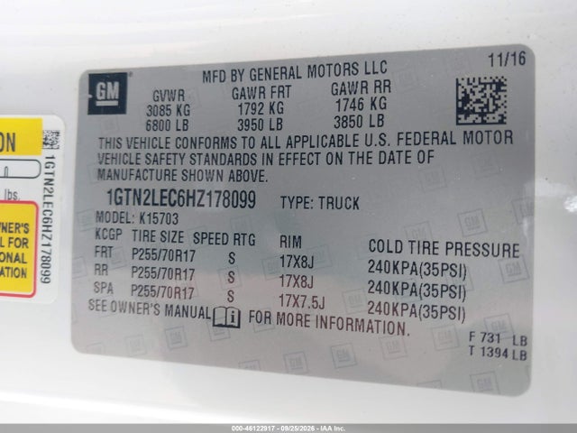 Aukcja sprzedaży 2017 Gmc Sierra 1500, vin: 1GTN2LEC6HZ178099, numer aukcji: 46122917