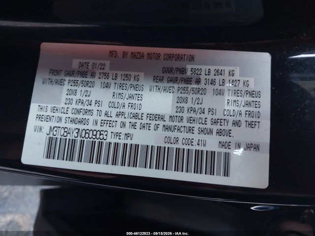 46122923 :رقم المزاد ، JM3TCBAY3N0609053 vin ، 2022 Mazda Cx-9 Touring Plus مزاد بيع