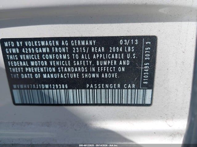 46122925 :رقم المزاد ، WVWHV7AJ1DW129386 vin ، 2013 Volkswagen Gti Wolfsburg Edition مزاد بيع