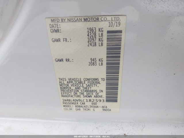 2020 Nissan Altima Sv მანქანა იყიდება აუქციონზე, vin: 1N4BL4DV9LC182593, აუქციონის ნომერი: 46122928