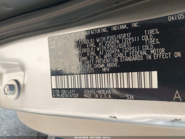 Продажа на аукционе авто 2005 Toyota Sequoia Limited V8, vin: 5TDBT48A95S251575, номер лота: 46122926