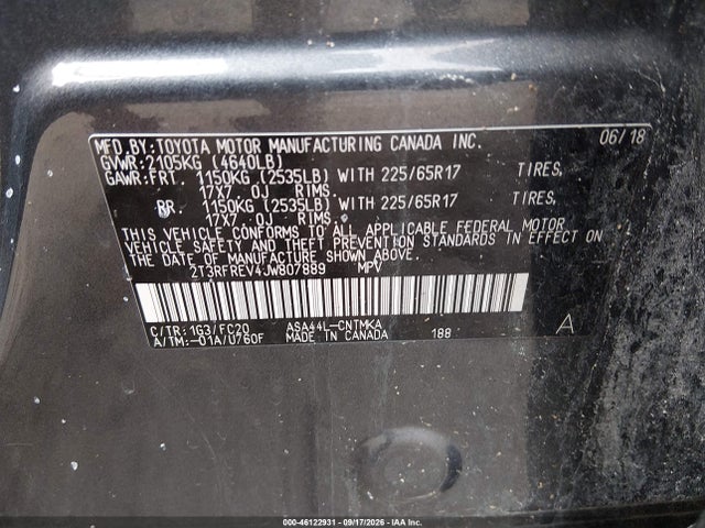 46122931 :رقم المزاد ، 2T3RFREV4JW807889 vin ، 2018 Toyota Rav4 Xle مزاد بيع
