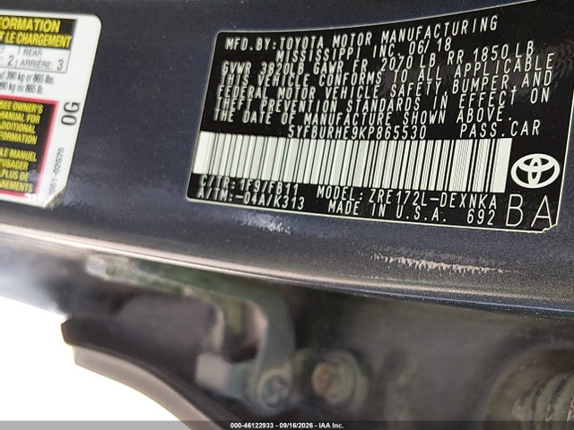 46122933 :رقم المزاد ، 5YFBURHE9KP865530 vin ، 2019 Toyota Corolla Le مزاد بيع