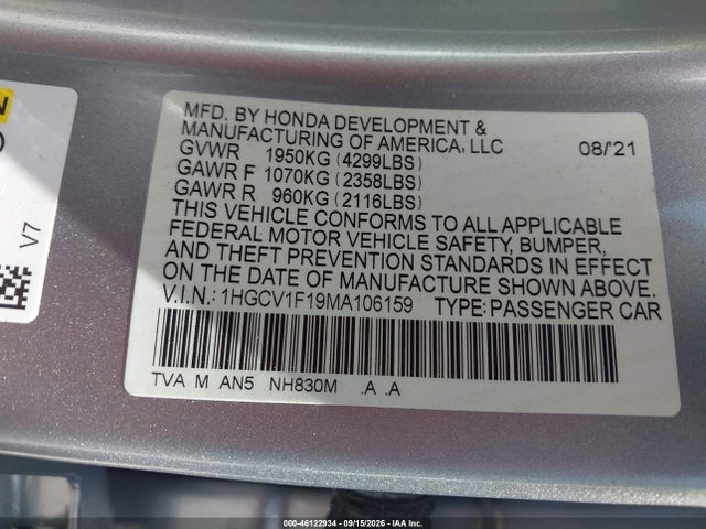 46122934 :رقم المزاد ، 1HGCV1F19MA106159 vin ، 2021 Honda Accord Lx مزاد بيع