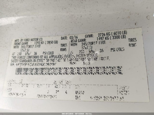 Продаж на аукціоні авто 2016 Ford F-150 Xl, vin: 1FTMF1C8XGKE26395, номер лоту: 46122935