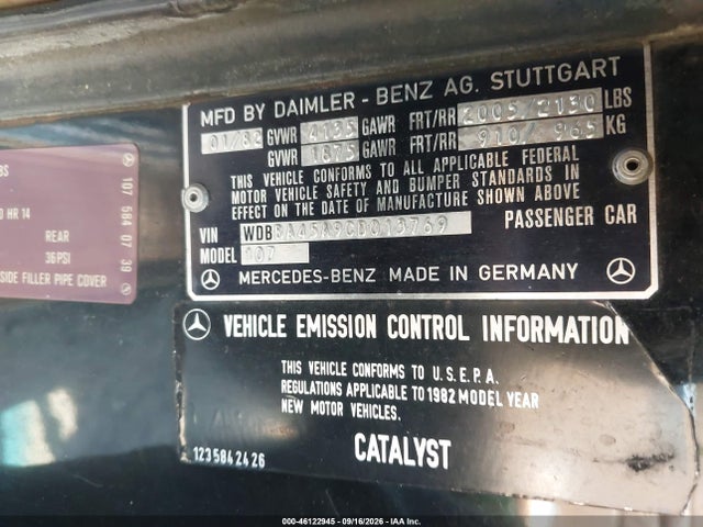 Aukcja sprzedaży 1982 Mercedes-benz 380 Sl, vin: WDBBA45A9CB013769, numer aukcji: 46122945