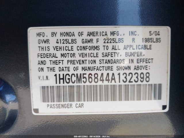 2004 Honda Accord 2.4 Ex მანქანა იყიდება აუქციონზე, vin: 1HGCM56844A132398, აუქციონის ნომერი: 46122963
