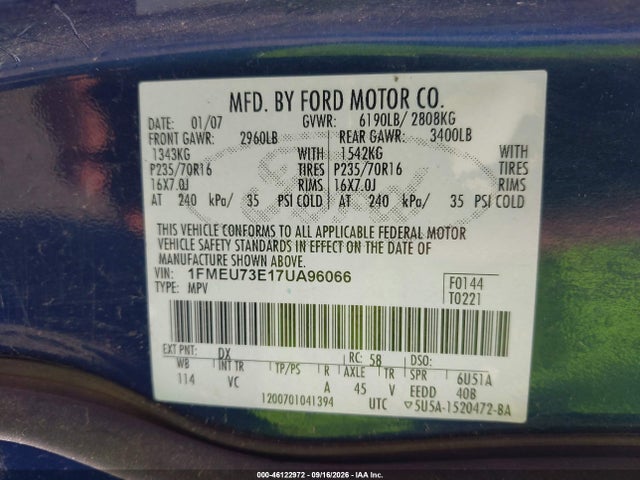 46122972 :رقم المزاد ، 1FMEU73E17UA96066 vin ، 2007 Ford Explorer Xlt مزاد بيع