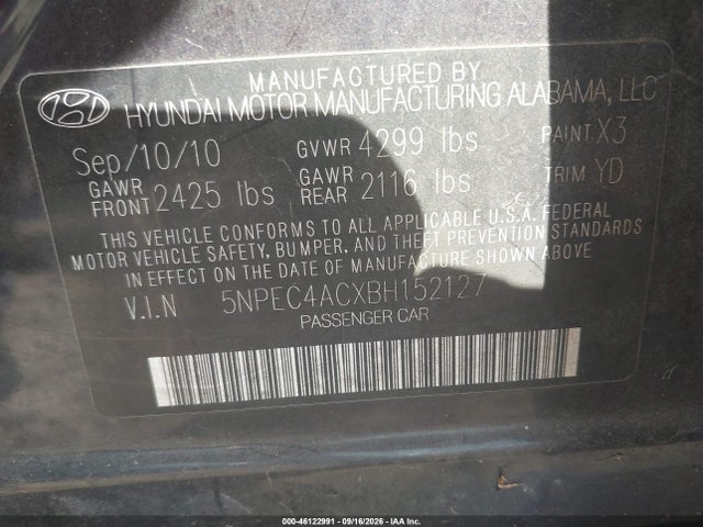 46122991 :رقم المزاد ، 5NPEC4ACXBH152127 vin ، 2011 Hyundai Sonata Limited مزاد بيع