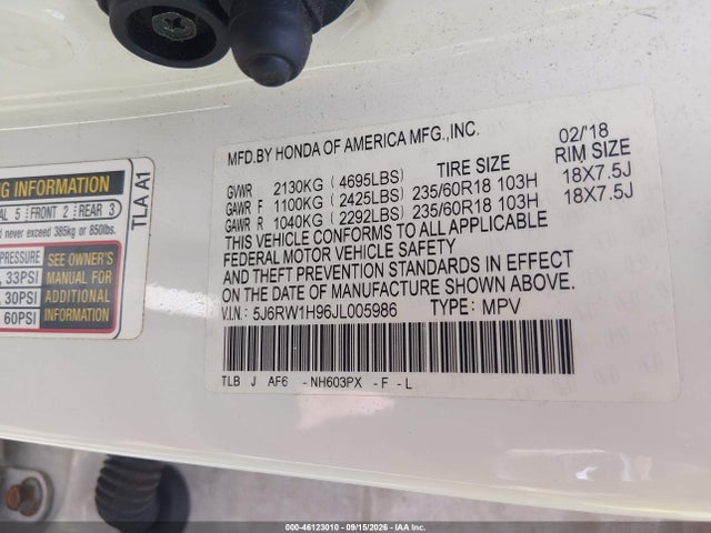 Auction sale of the 2018 Honda Cr-v Touring, vin: 5J6RW1H96JL005986, lot number: 46123010