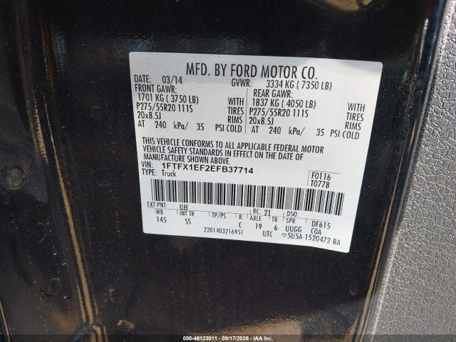 2014 Ford F-150 Stx მანქანა იყიდება აუქციონზე, vin: 1FTFX1EF2EFB37714, აუქციონის ნომერი: 46123011