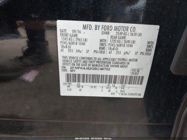 Продажа на аукционе авто 2016 Ford Edge Sel, vin: 2FMPK4J82GBC48792, номер лота: 46123026
