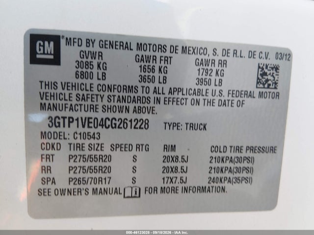 2012 Gmc Sierra 1500 Sle მანქანა იყიდება აუქციონზე, vin: 3GTP1VE04CG261228, აუქციონის ნომერი: 46123028