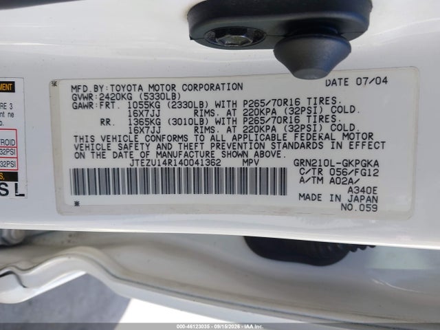46123035 :رقم المزاد ، JTEZU14R140041362 vin ، 2004 Toyota 4runner Sr5 V6 مزاد بيع