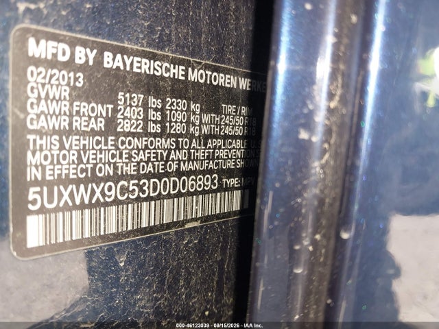 Aukcja sprzedaży 2013 Bmw X3 Xdrive28i, vin: 5UXWX9C53D0D06893, numer aukcji: 46123039