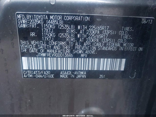 2013 Toyota Rav4 Xle მანქანა იყიდება აუქციონზე, vin: JTMWFREV9DD013846, აუქციონის ნომერი: 46123079