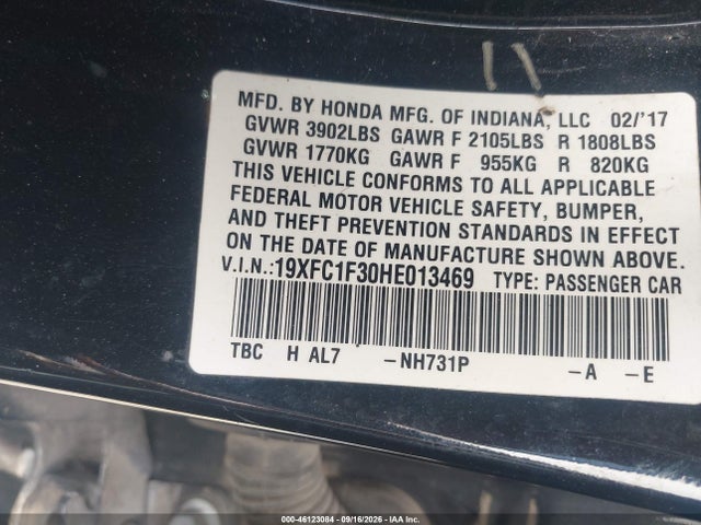2017 Honda Civic Ex-t მანქანა იყიდება აუქციონზე, vin: 19XFC1F30HE013469, აუქციონის ნომერი: 46123084