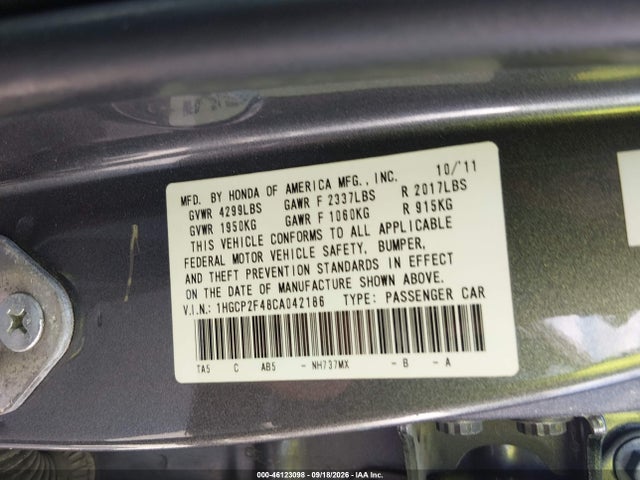 46123098 :رقم المزاد ، 1HGCP2F48CA042186 vin ، 2012 Honda Accord 2.4 Lx-p مزاد بيع